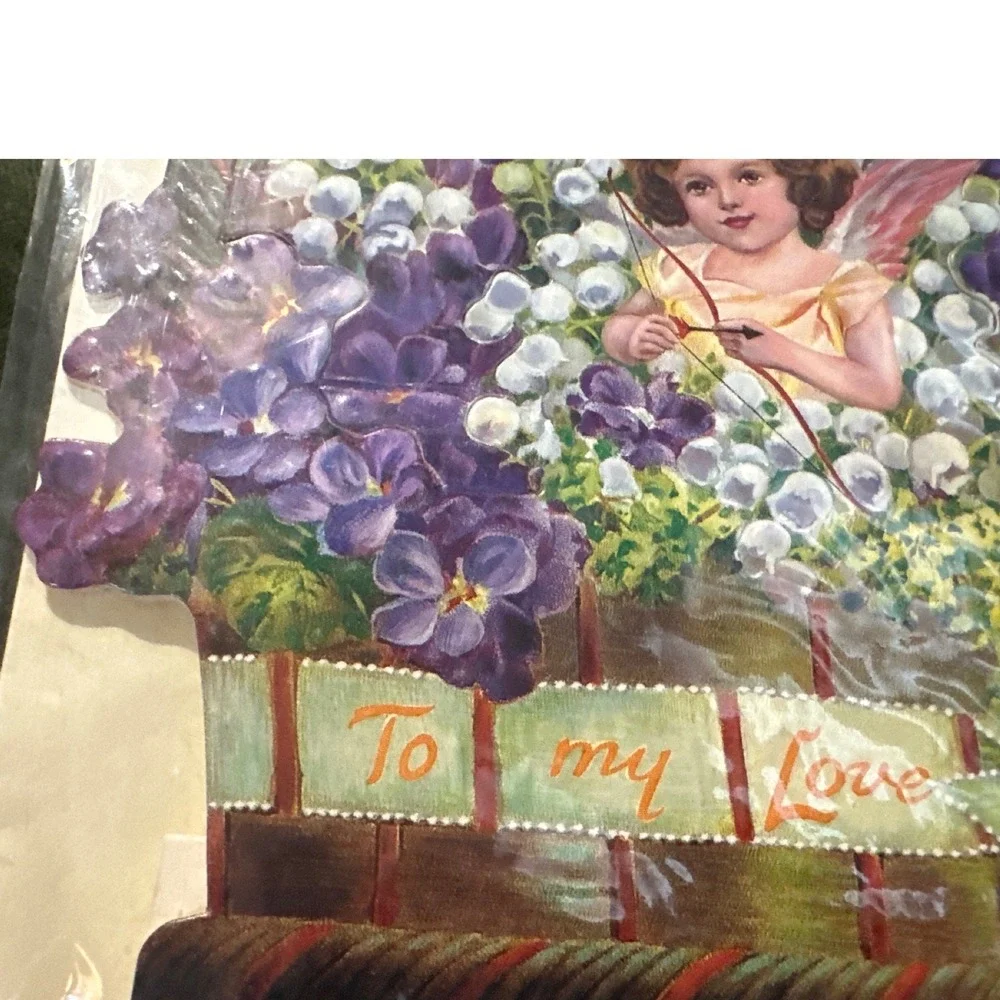 Shackman A Basket of Love Dimensional Greeting Card Victorian Cherub Violets 90s